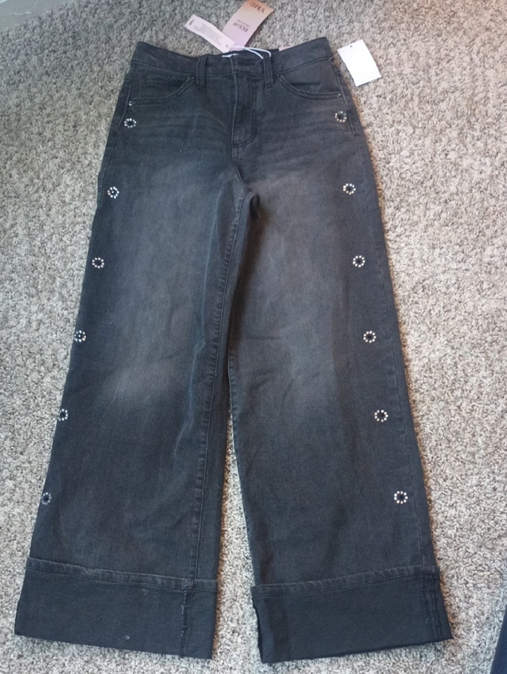 Kids' Black Wide-Leg Jeans with Stud Circle Details